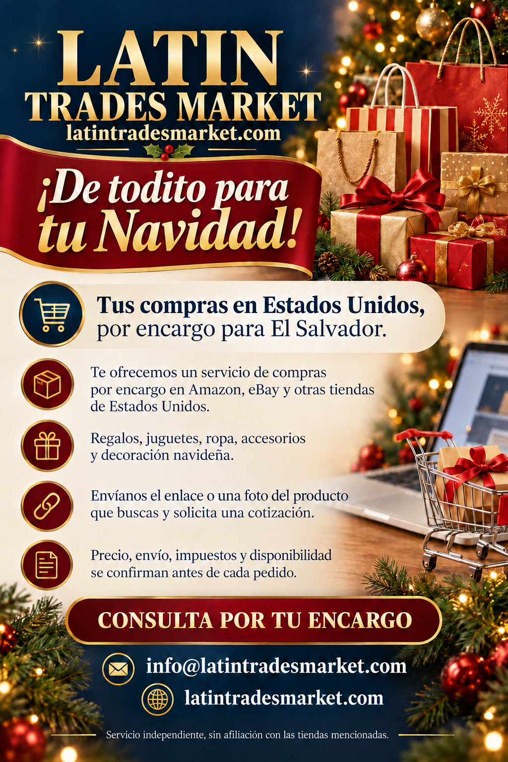 Flyer de Latin Trades Market: compras navideñas por encargo desde Estados Unidos para El Salvador.